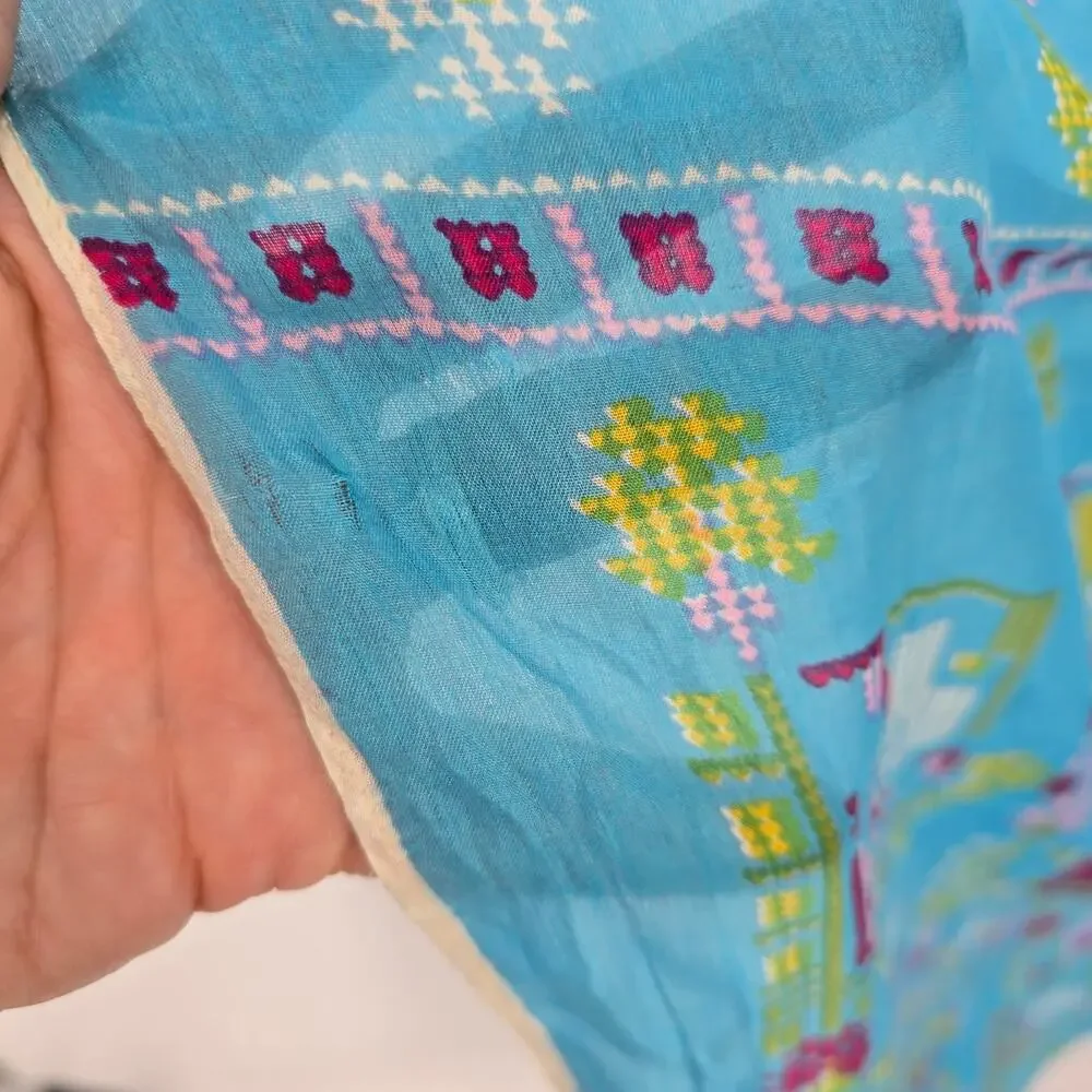 Vintage Desen India 100% Turkish Silk Scarf – Bright Blue Folk Geometric Pattern